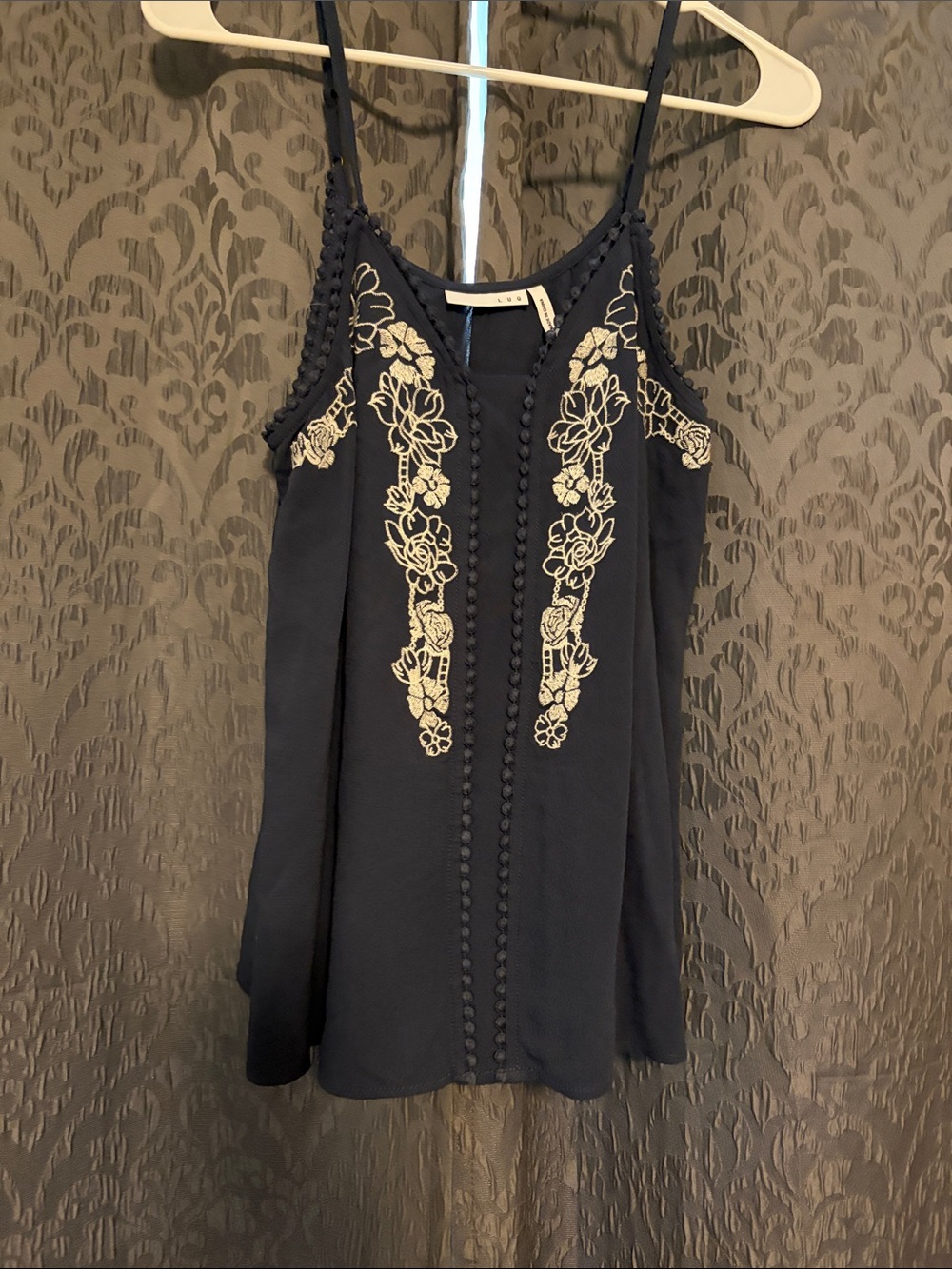 Navy Embroidered Spaghetti Strap Tank Top